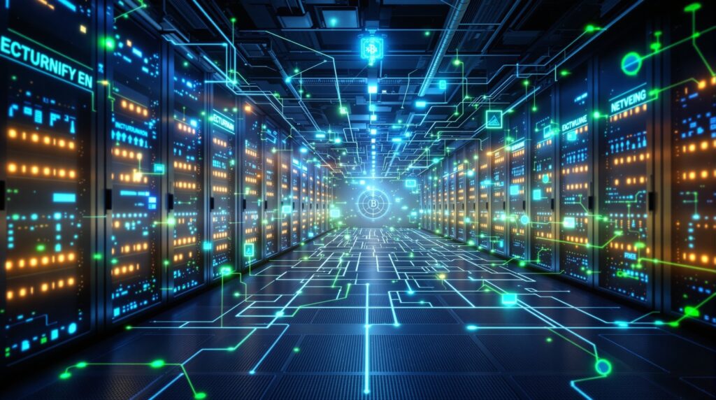 Institutional-grade blockchain infrastructure - enterprise server room with blockchain nodes