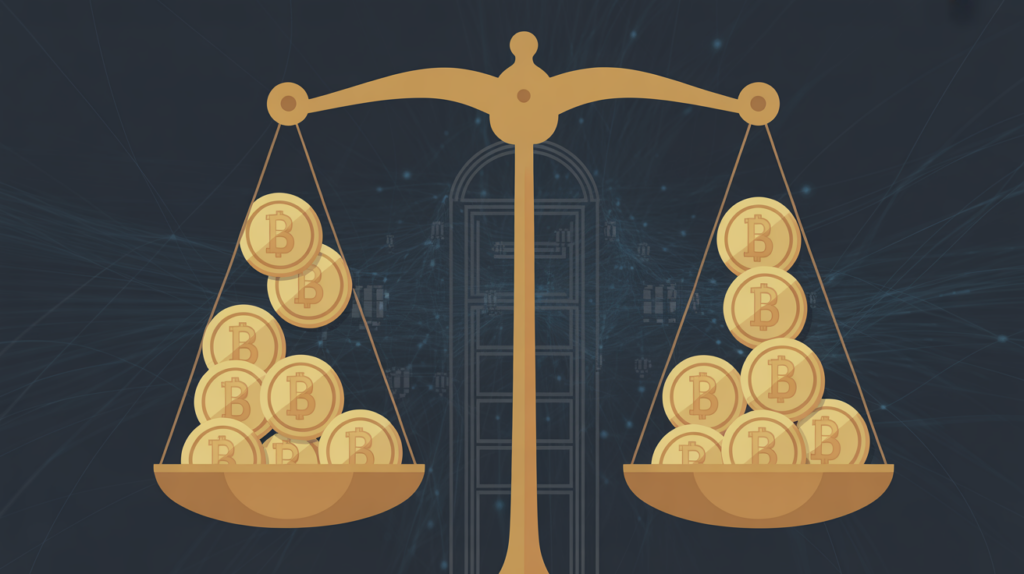 Digital scales of justice with blockchain architecture representing SEC Token Safe Harbor