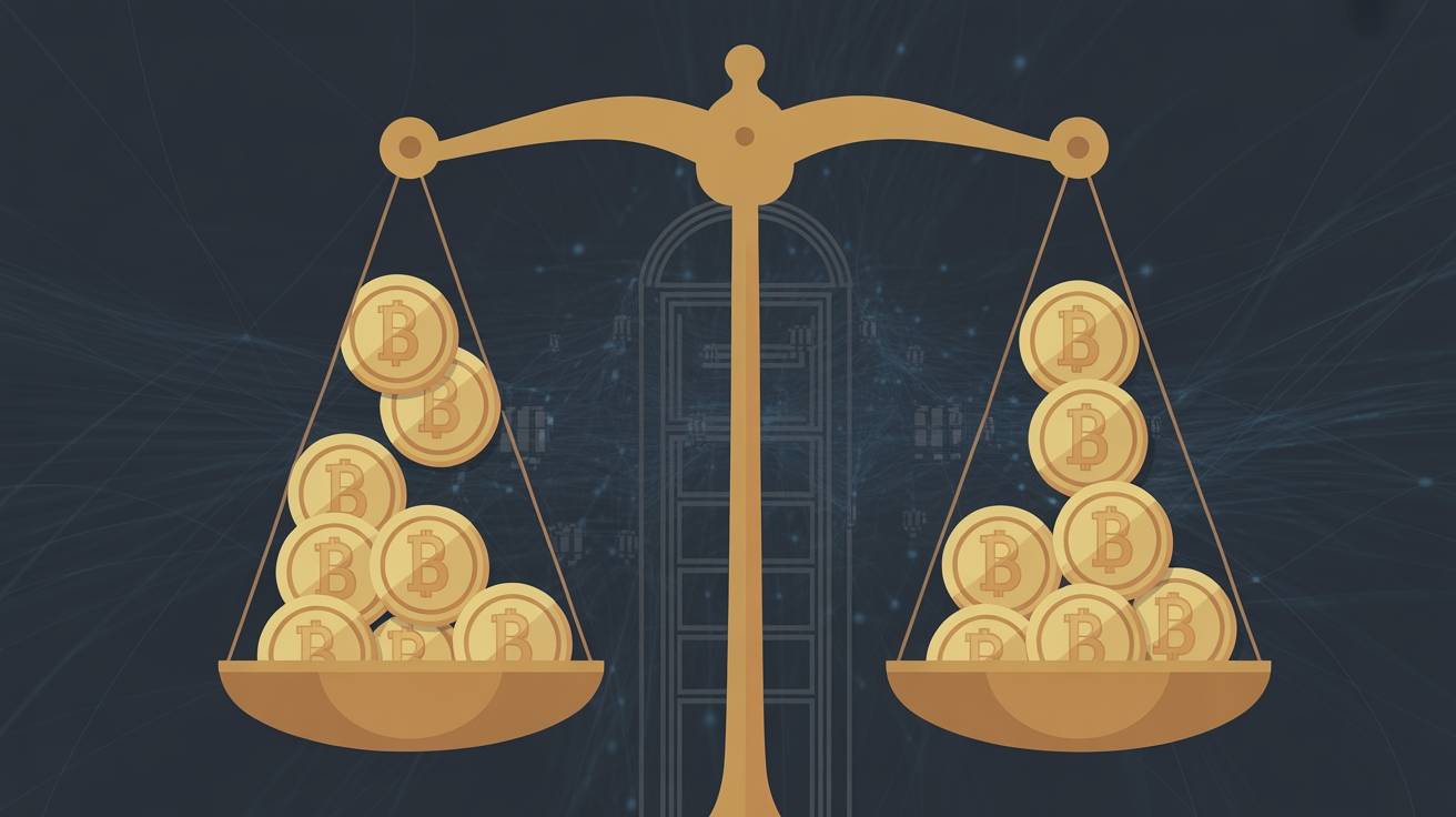 Digital scales of justice with blockchain architecture representing SEC Token Safe Harbor