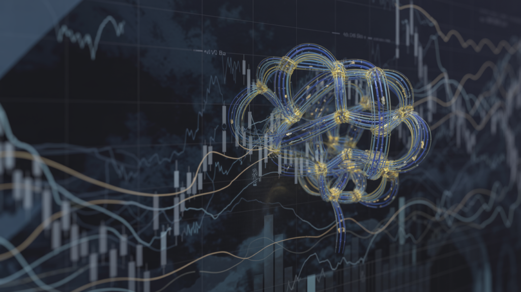 AI neural network visualization overlaid on financial market data streams