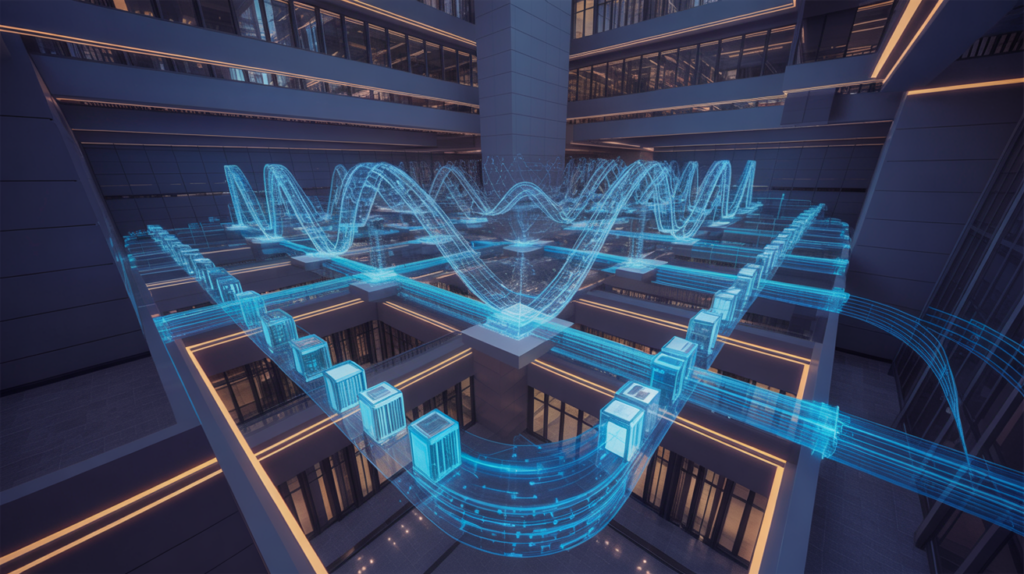 Futuristic NYSE trading floor with holographic blockchain tokenized securities overlays