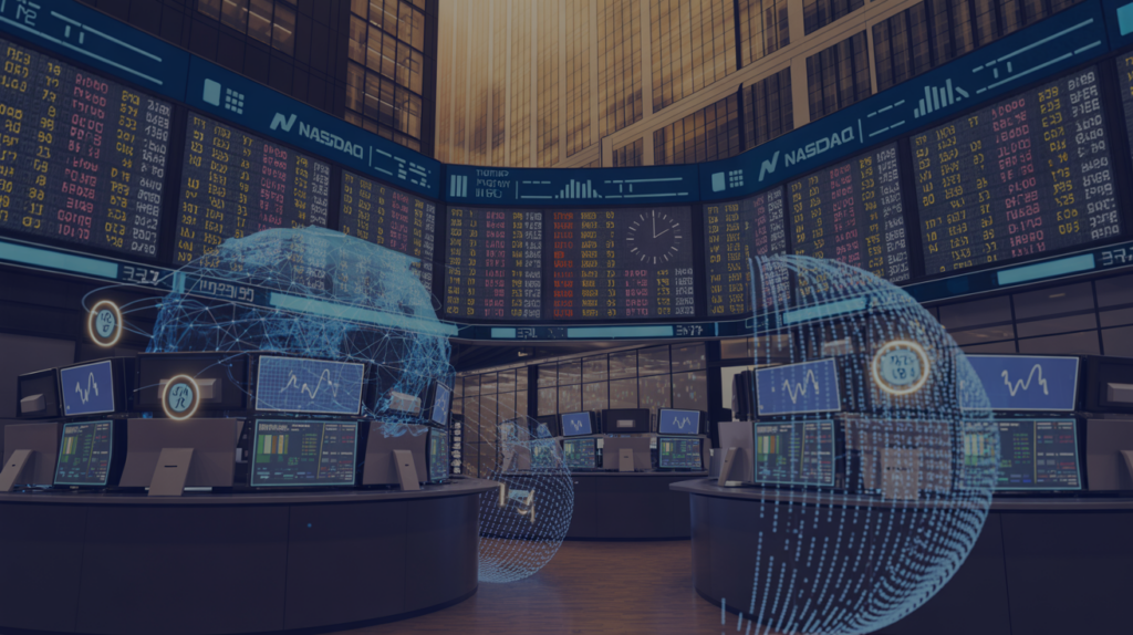 Futuristic 24/7 tokenized stock exchange trading floor with blockchain network overlays